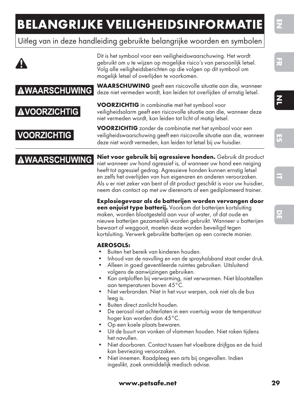 Belangrijke veiligheidsinformatie, De it es nl fr en | Petsafe Anti-Bark Spray Collar User Manual | Page 29 / 84