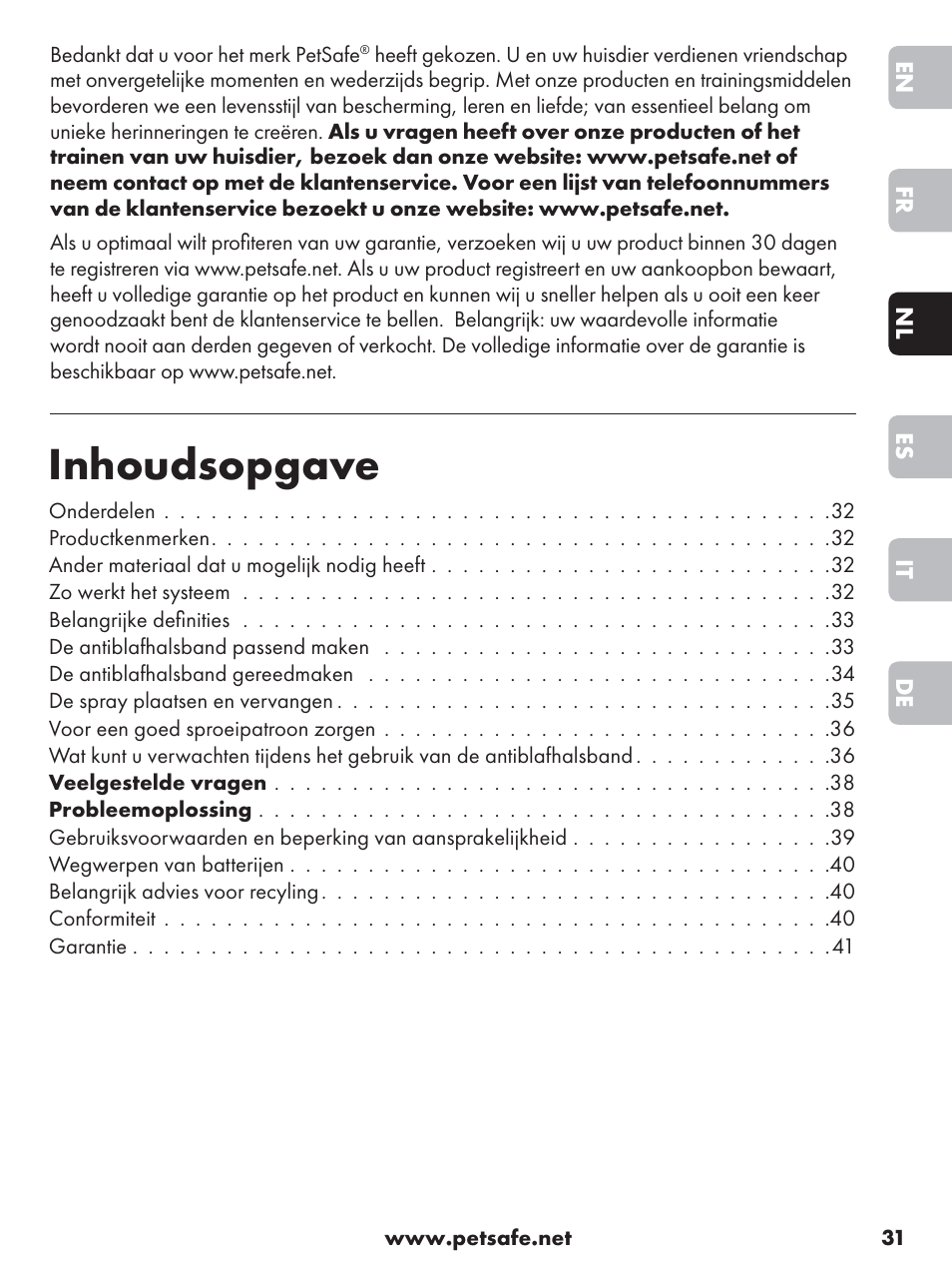 Inhoudsopgave | Petsafe Anti-Bark Spray Collar User Manual | Page 31 / 84
