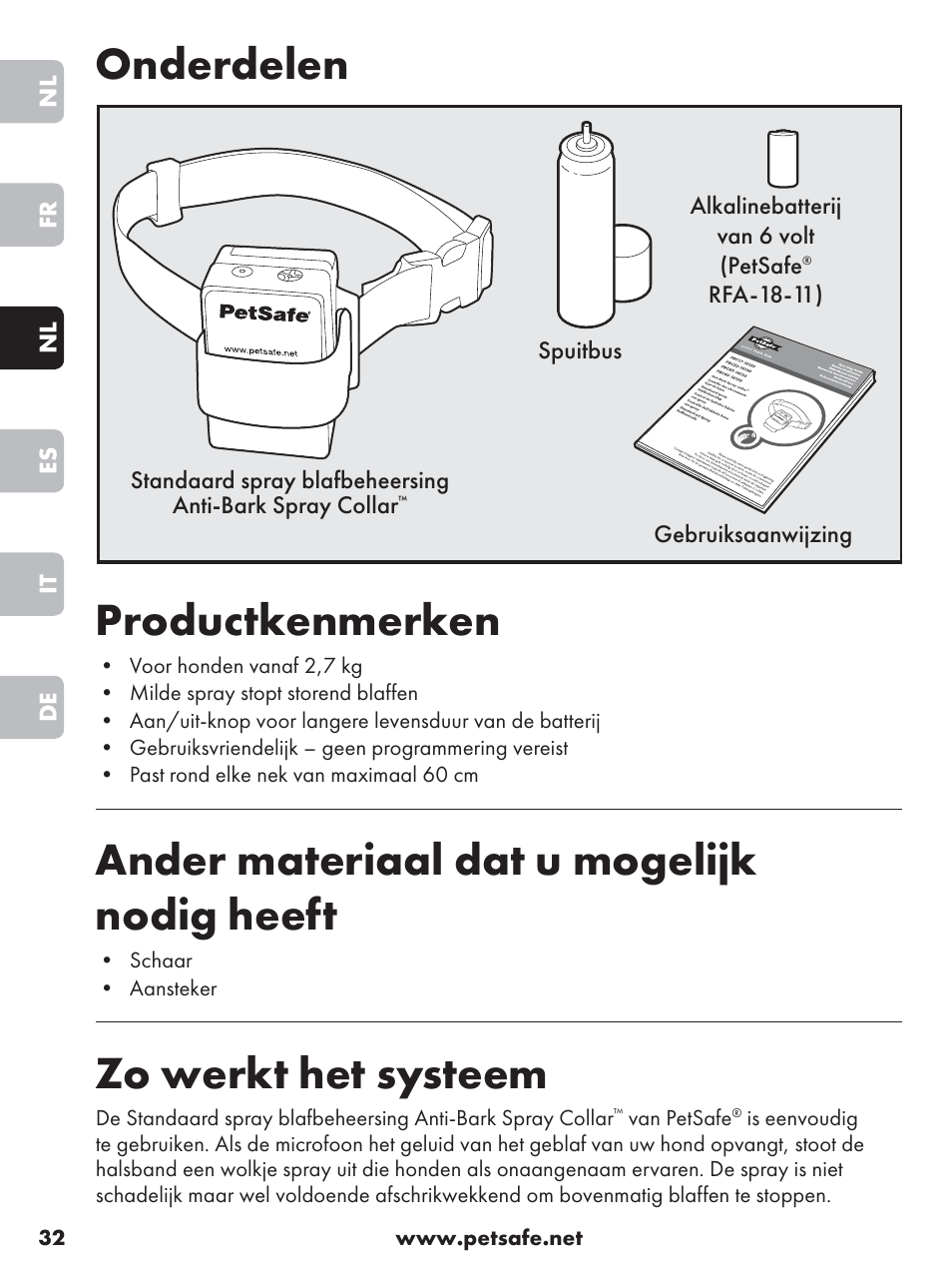 Onderdelen productkenmerken, Ander materiaal dat u mogelijk nodig heeft, Zo werkt het systeem | Petsafe Anti-Bark Spray Collar User Manual | Page 32 / 84