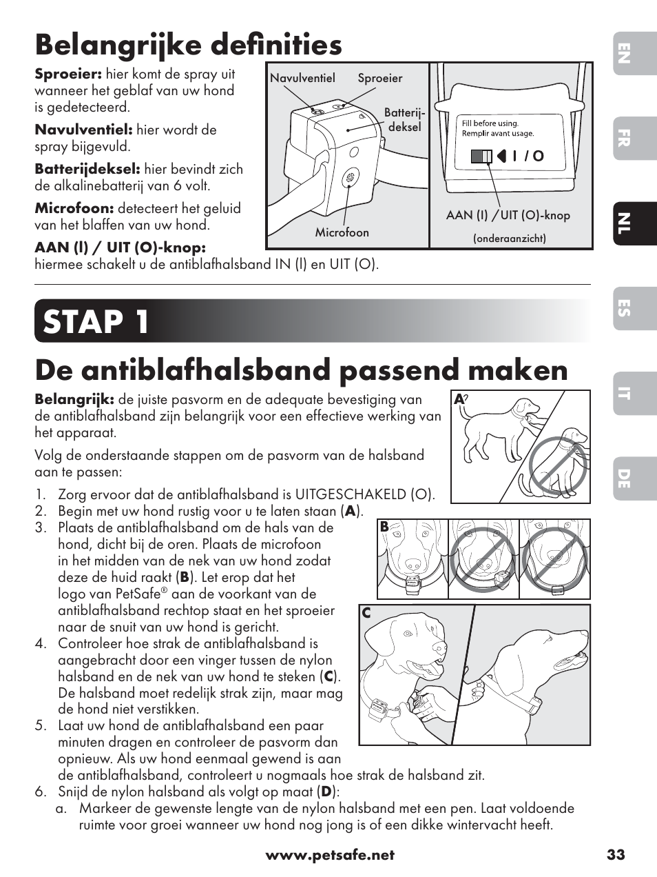 Stap 1, Belangrijke deﬁ nities, De antiblafhalsband passend maken | Petsafe Anti-Bark Spray Collar User Manual | Page 33 / 84