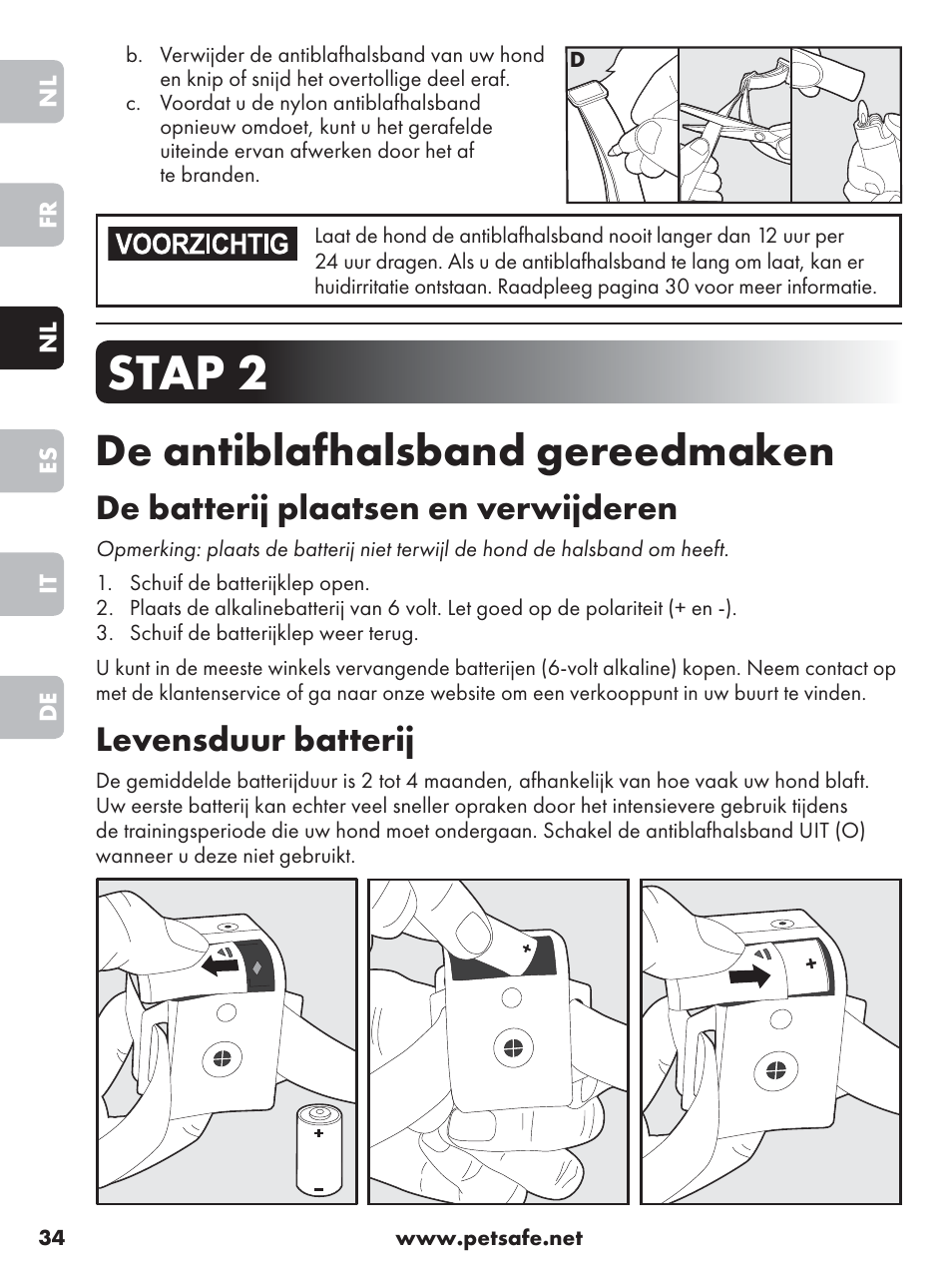 Stap 2, De antiblafhalsband gereedmaken, De batterij plaatsen en verwijderen | Levensduur batterij | Petsafe Anti-Bark Spray Collar User Manual | Page 34 / 84