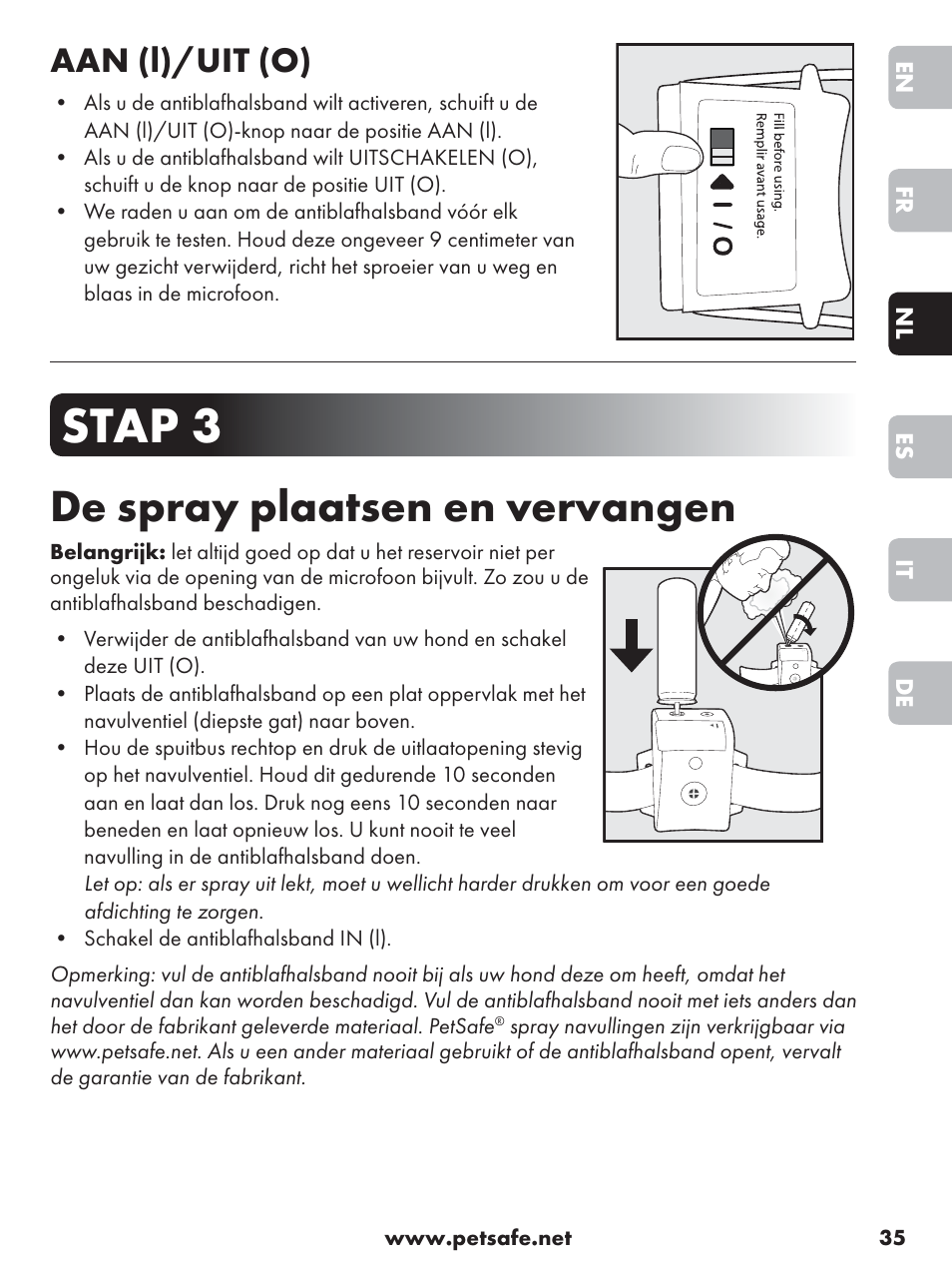 Stap 3, De spray plaatsen en vervangen, Aan (l)/uit (o) | Petsafe Anti-Bark Spray Collar User Manual | Page 35 / 84