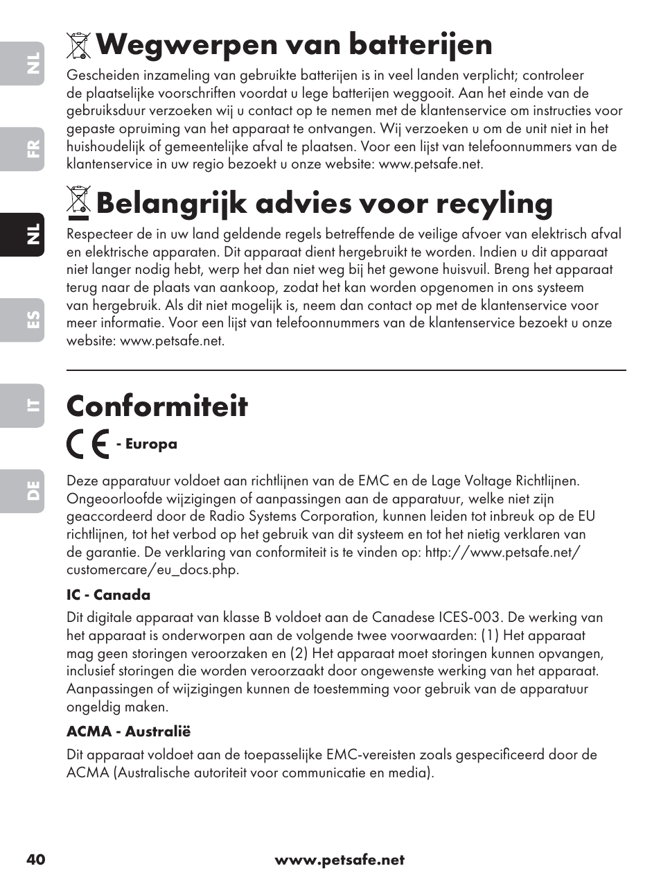 Wegwerpen van batterijen, Belangrijk advies voor recyling, Conformiteit | Petsafe Anti-Bark Spray Collar User Manual | Page 40 / 84