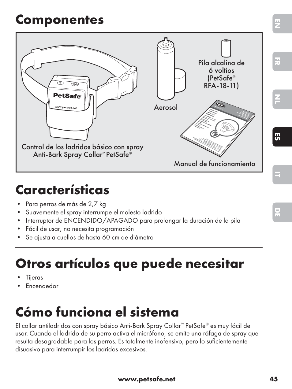 Componentes características, Otros artículos que puede necesitar, Cómo funciona el sistema | Petsafe Anti-Bark Spray Collar User Manual | Page 45 / 84