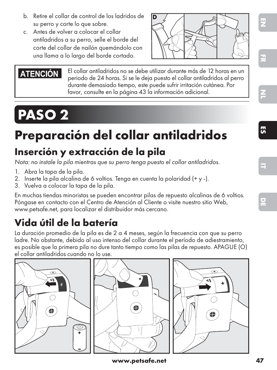 Paso 2, Preparación del collar antiladridos, Inserción y extracción de la pila | Vida útil de la batería | Petsafe Anti-Bark Spray Collar User Manual | Page 47 / 84