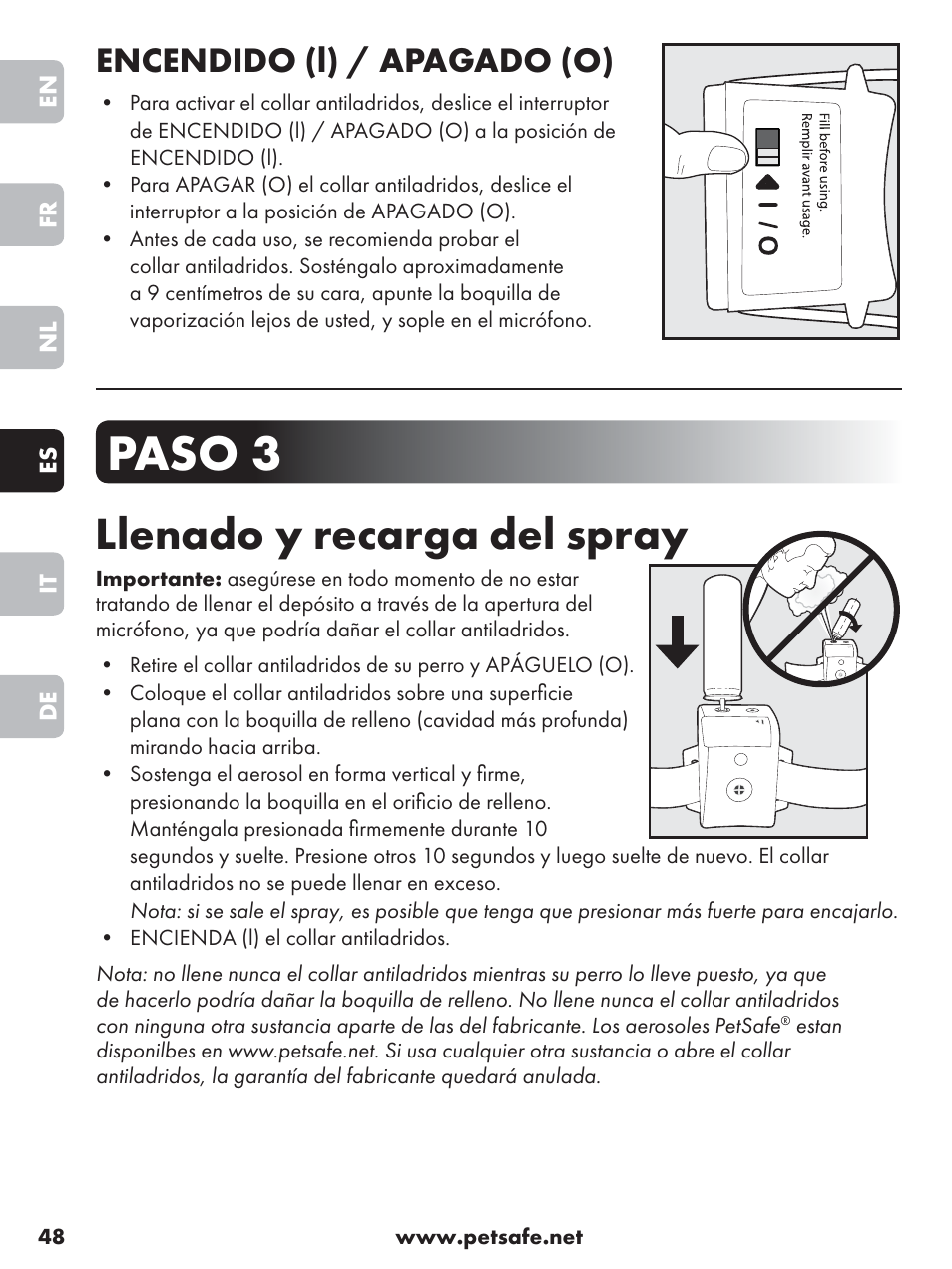 Paso 3, Llenado y recarga del spray, Encendido (l) / apagado (o) | Petsafe Anti-Bark Spray Collar User Manual | Page 48 / 84