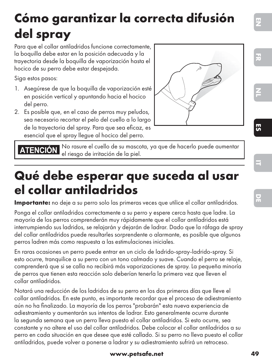 Cómo garantizar la correcta difusión del spray | Petsafe Anti-Bark Spray Collar User Manual | Page 49 / 84