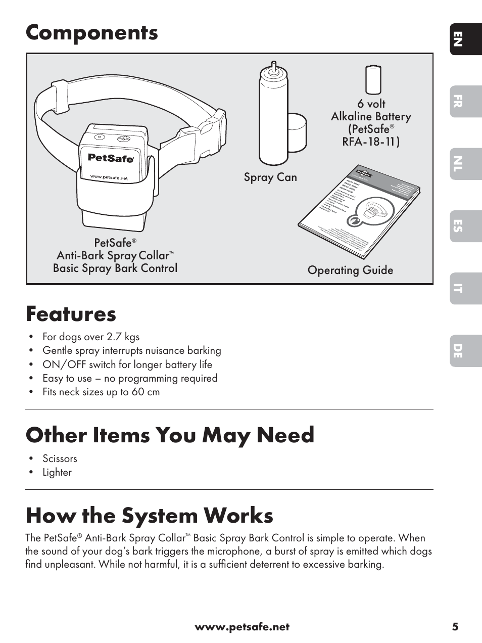 Components features, Other items you may need, How the system works | Petsafe Anti-Bark Spray Collar User Manual | Page 5 / 84