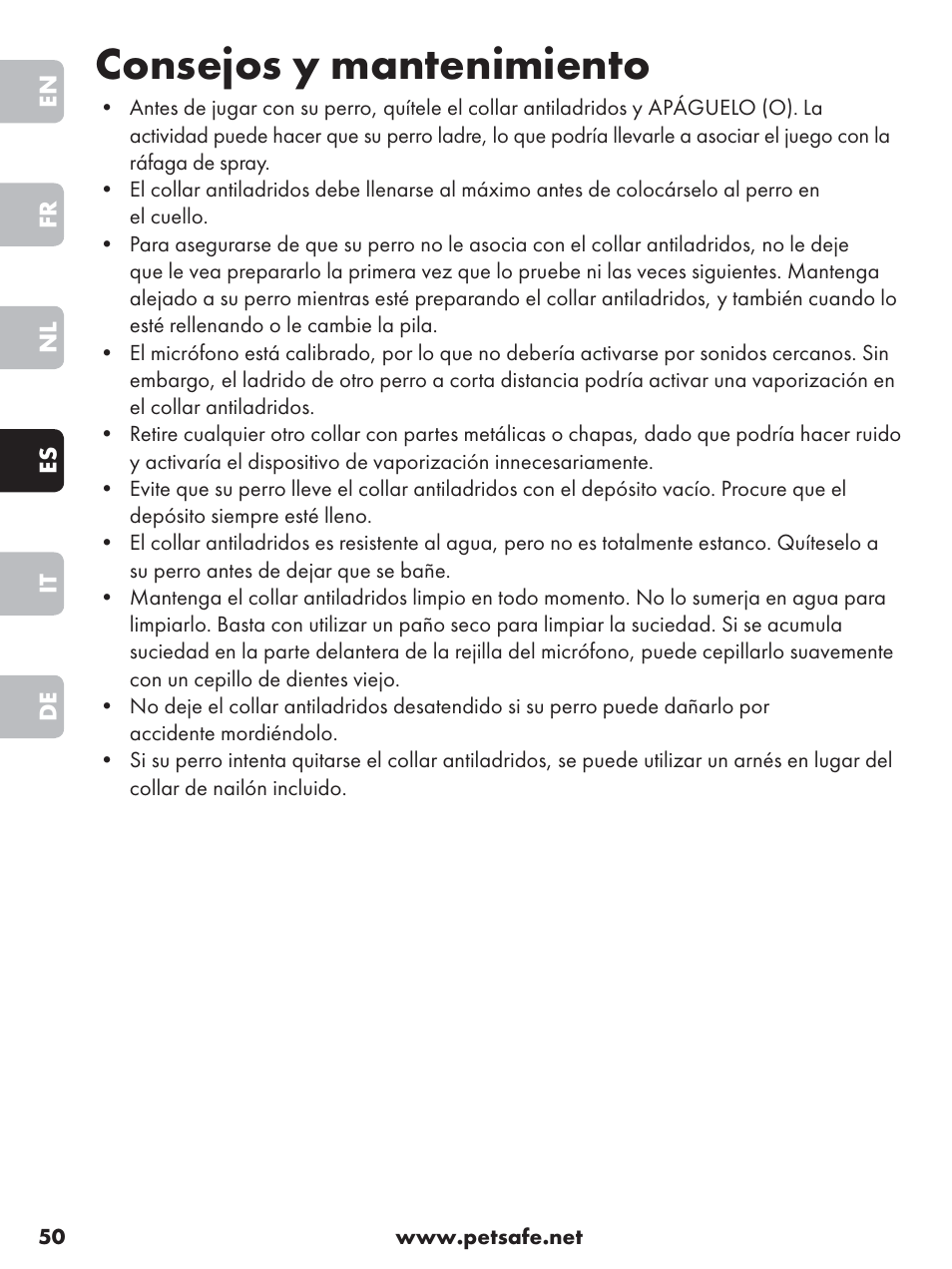 Consejos y mantenimiento | Petsafe Anti-Bark Spray Collar User Manual | Page 50 / 84