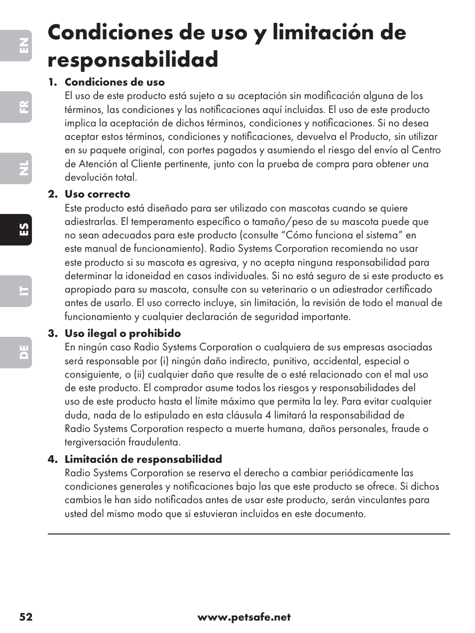 Condiciones de uso y limitación de responsabilidad | Petsafe Anti-Bark Spray Collar User Manual | Page 52 / 84