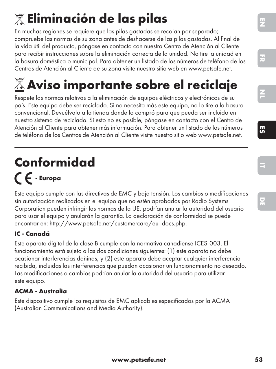 Eliminación de las pilas, Aviso importante sobre el reciclaje, Conformidad | Petsafe Anti-Bark Spray Collar User Manual | Page 53 / 84