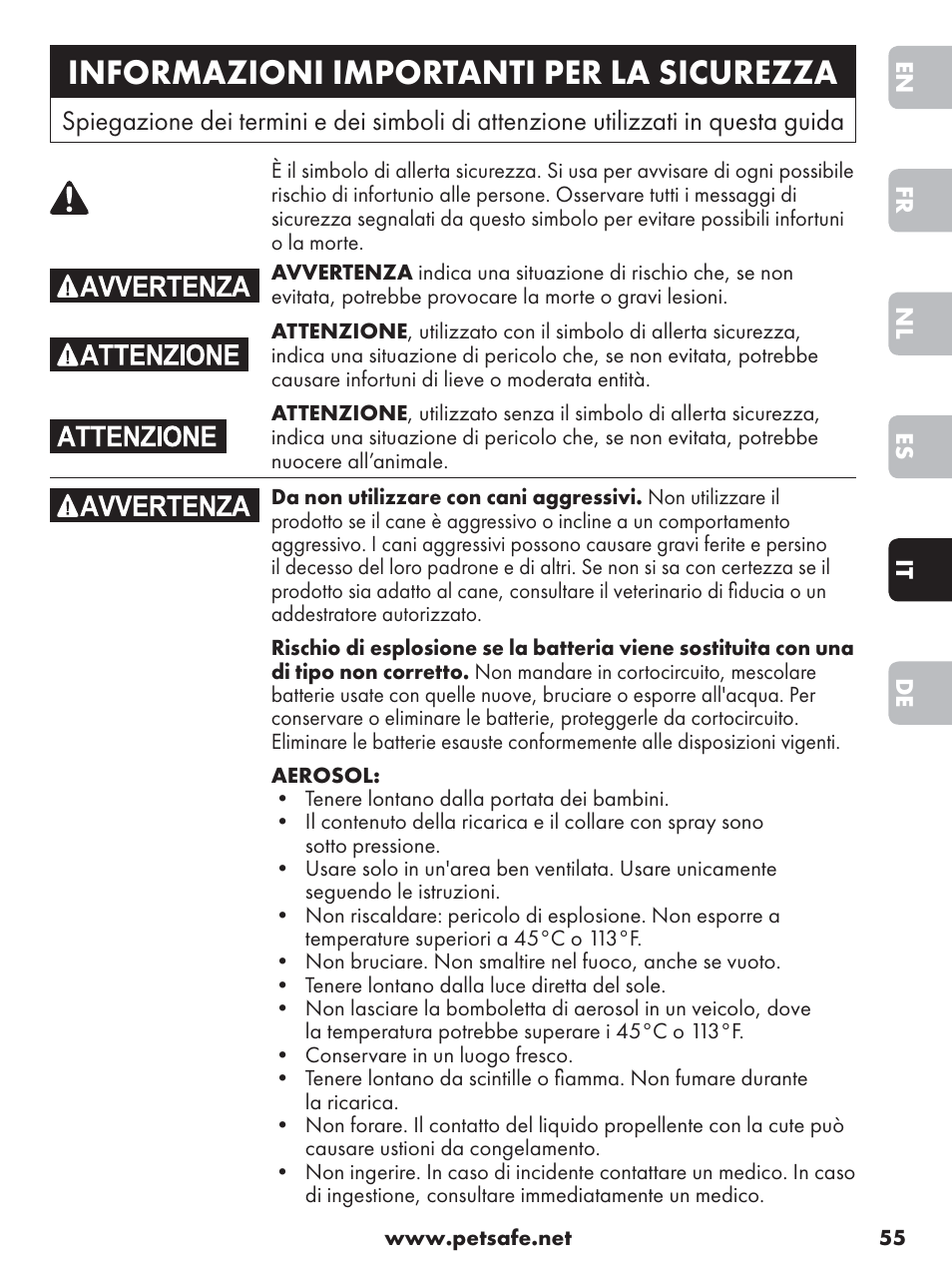 Informazioni importanti per la sicurezza | Petsafe Anti-Bark Spray Collar User Manual | Page 55 / 84