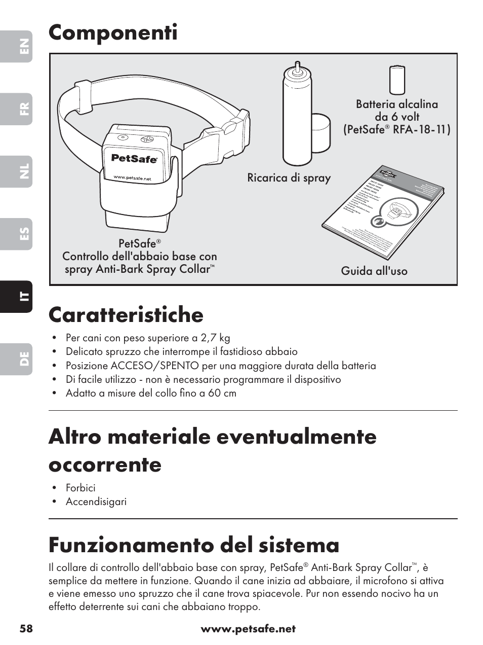 Componenti caratteristiche, Altro materiale eventualmente occorrente, Funzionamento del sistema | Petsafe Anti-Bark Spray Collar User Manual | Page 58 / 84