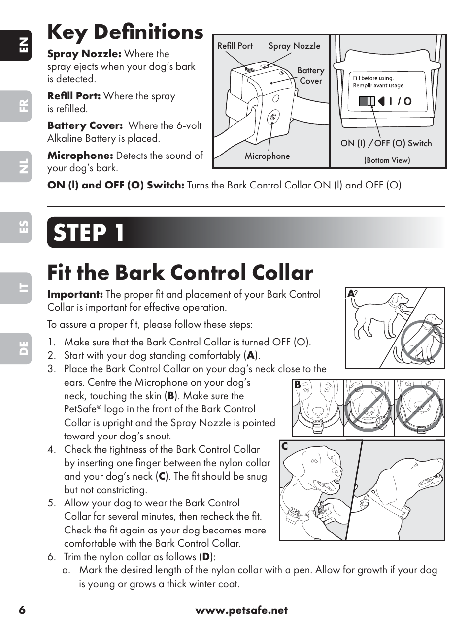 Step 1, Key deﬁ nitions, Fit the bark control collar | Petsafe Anti-Bark Spray Collar User Manual | Page 6 / 84