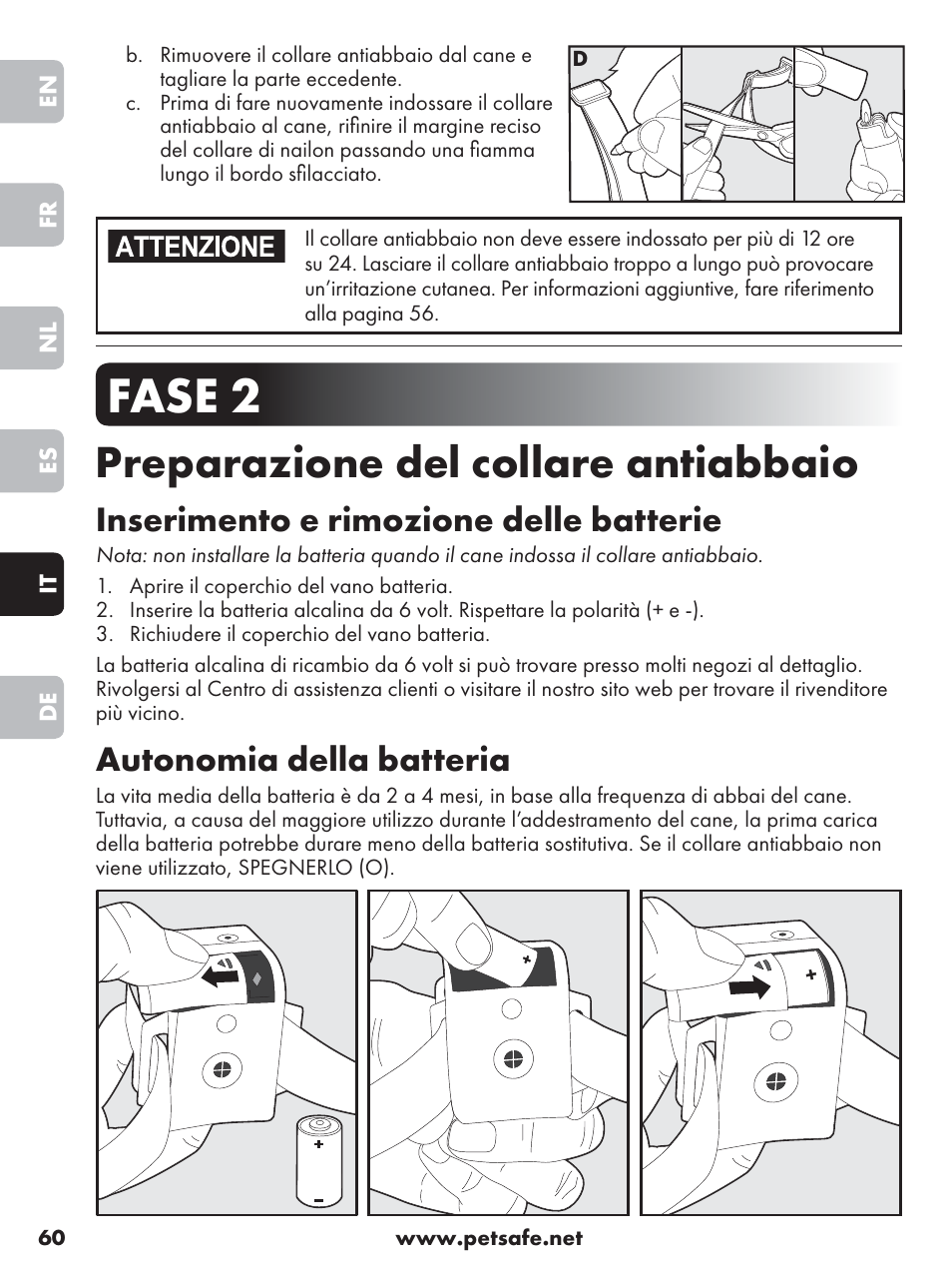 Fase 2, Preparazione del collare antiabbaio, Inserimento e rimozione delle batterie | Autonomia della batteria | Petsafe Anti-Bark Spray Collar User Manual | Page 60 / 84