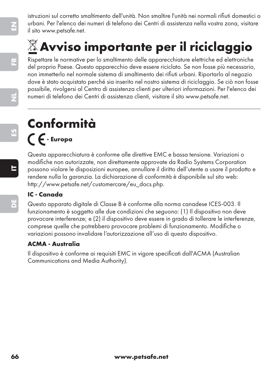 Avviso importante per il riciclaggio, Conformità | Petsafe Anti-Bark Spray Collar User Manual | Page 66 / 84