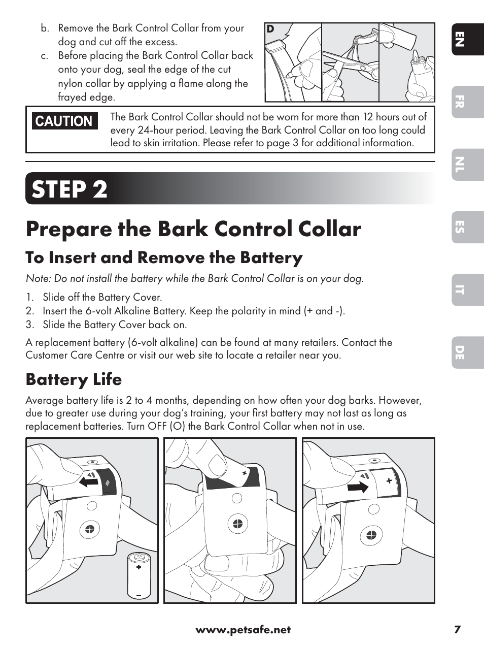 Step 2, Prepare the bark control collar, Battery life | Petsafe Anti-Bark Spray Collar User Manual | Page 7 / 84