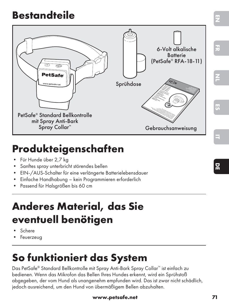 Bestandteile produkteigenschaften, Anderes material, das sie eventuell benötigen, So funktioniert das system | Petsafe Anti-Bark Spray Collar User Manual | Page 71 / 84