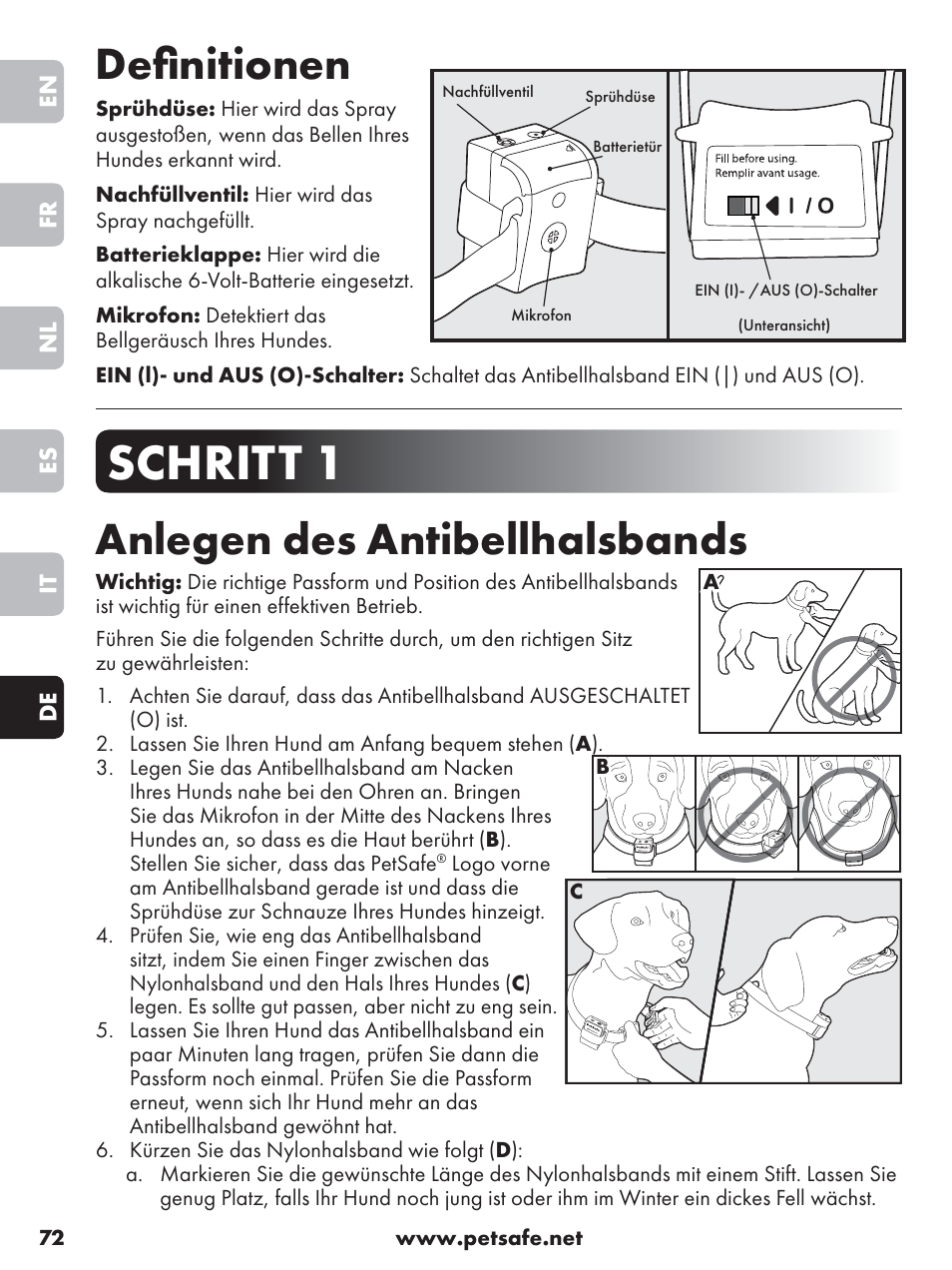 Schritt 1, Deﬁ nitionen, Anlegen des antibellhalsbands | Petsafe Anti-Bark Spray Collar User Manual | Page 72 / 84