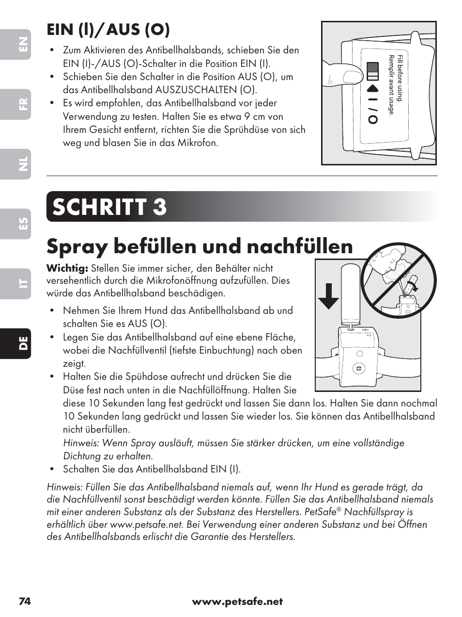 Schritt 3, Spray befüllen und nachfüllen, Ein (l)/aus (o) | Petsafe Anti-Bark Spray Collar User Manual | Page 74 / 84