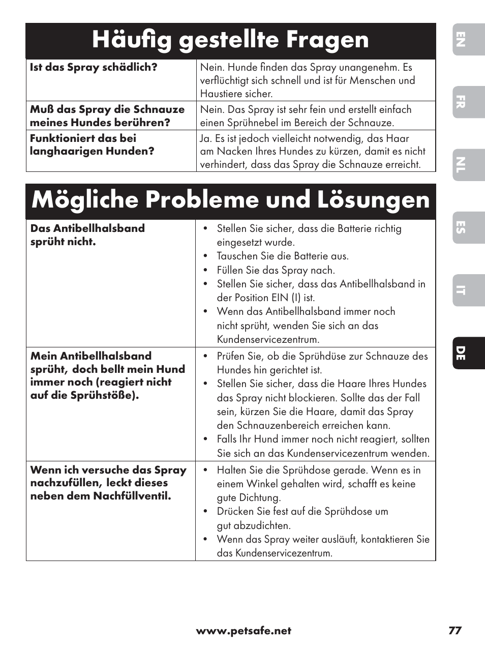 Häuﬁ g gestellte fragen, Mögliche probleme und lösungen | Petsafe Anti-Bark Spray Collar User Manual | Page 77 / 84