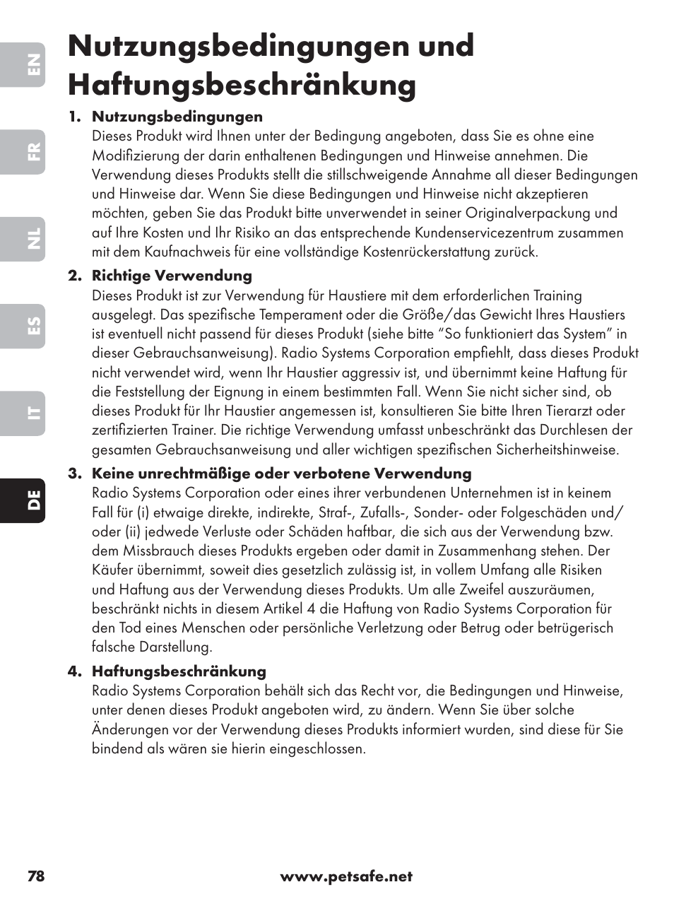 Nutzungsbedingungen und haftungsbeschränkung | Petsafe Anti-Bark Spray Collar User Manual | Page 78 / 84