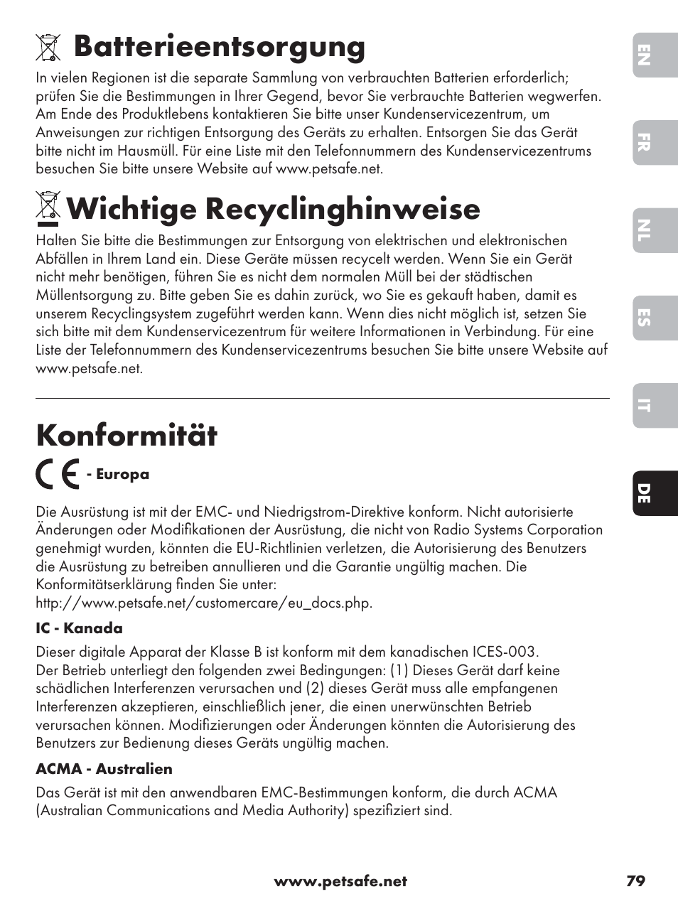 Batterieentsorgung, Wichtige recyclinghinweise, Konformität | Petsafe Anti-Bark Spray Collar User Manual | Page 79 / 84