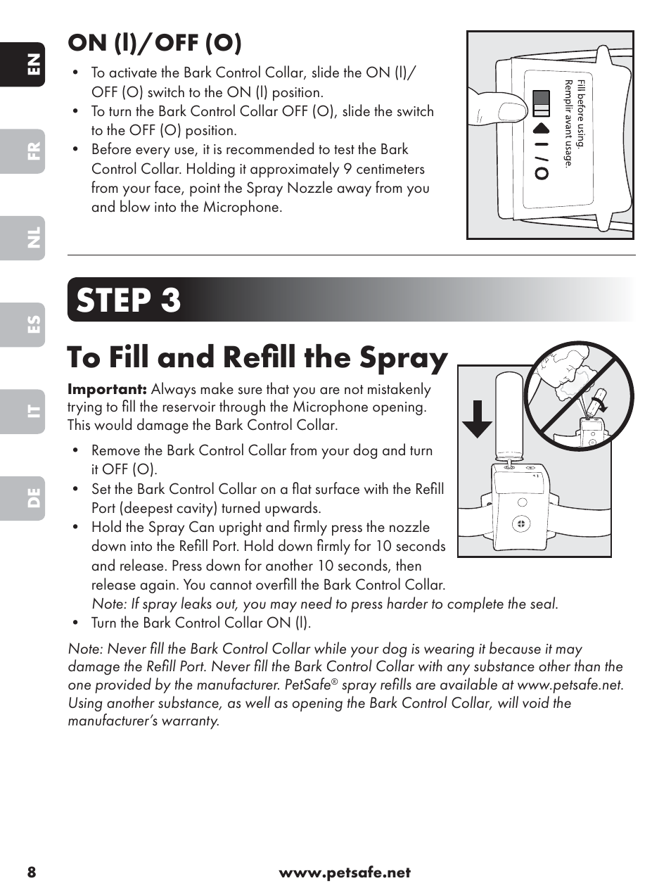 Step 3, On (l)/off (o) | Petsafe Anti-Bark Spray Collar User Manual | Page 8 / 84