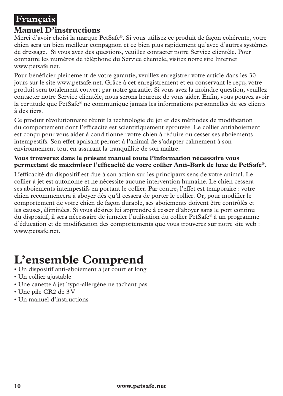 L’ensemble comprend, Manuel d’instructions | Petsafe Anti-Bark Spray Collar User Manual | Page 10 / 44