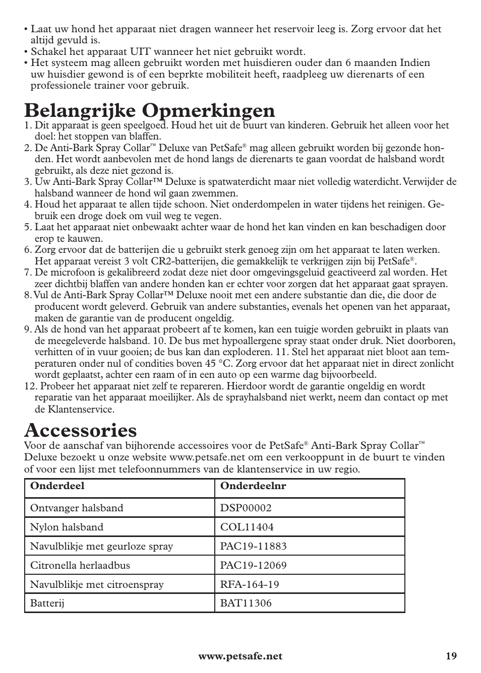 Belangrijke opmerkingen, Accessories | Petsafe Anti-Bark Spray Collar User Manual | Page 19 / 44