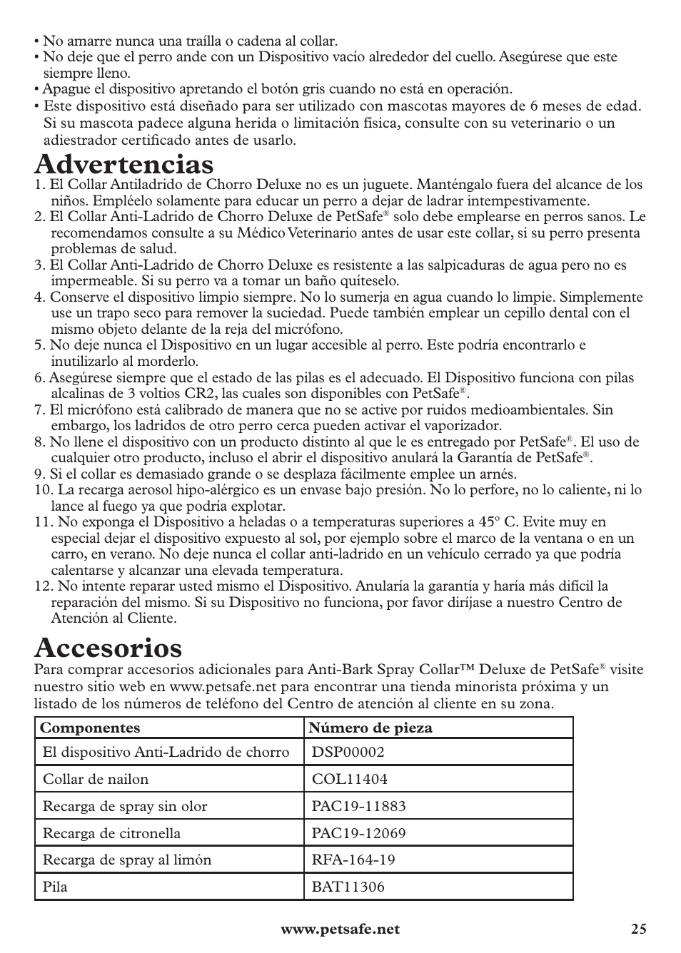 Advertencias, Accesorios | Petsafe Anti-Bark Spray Collar User Manual | Page 25 / 44