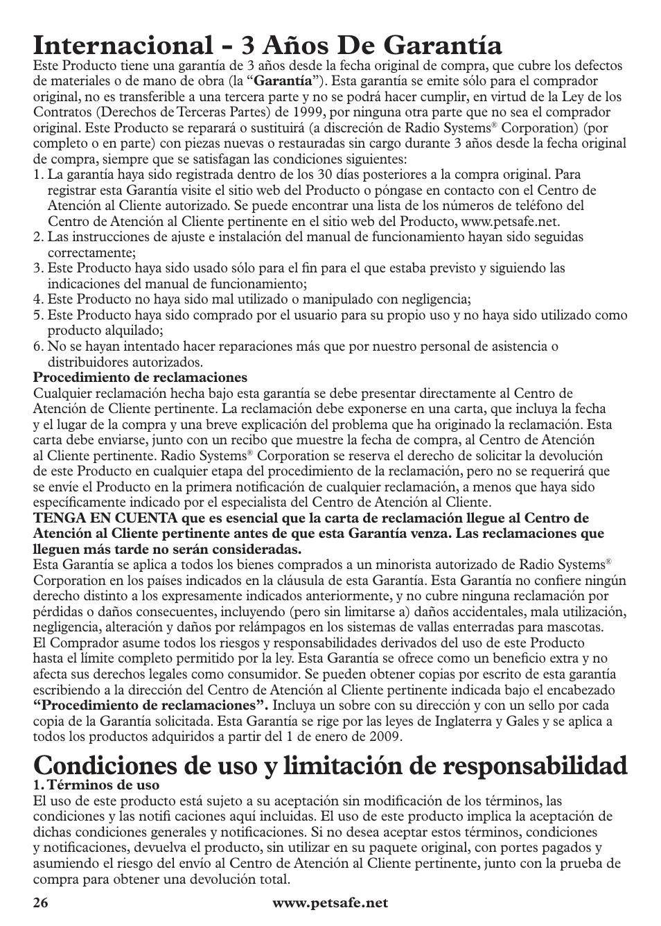 Internacional - 3 años de garantía, Condiciones de uso y limitación de responsabilidad | Petsafe Anti-Bark Spray Collar User Manual | Page 26 / 44