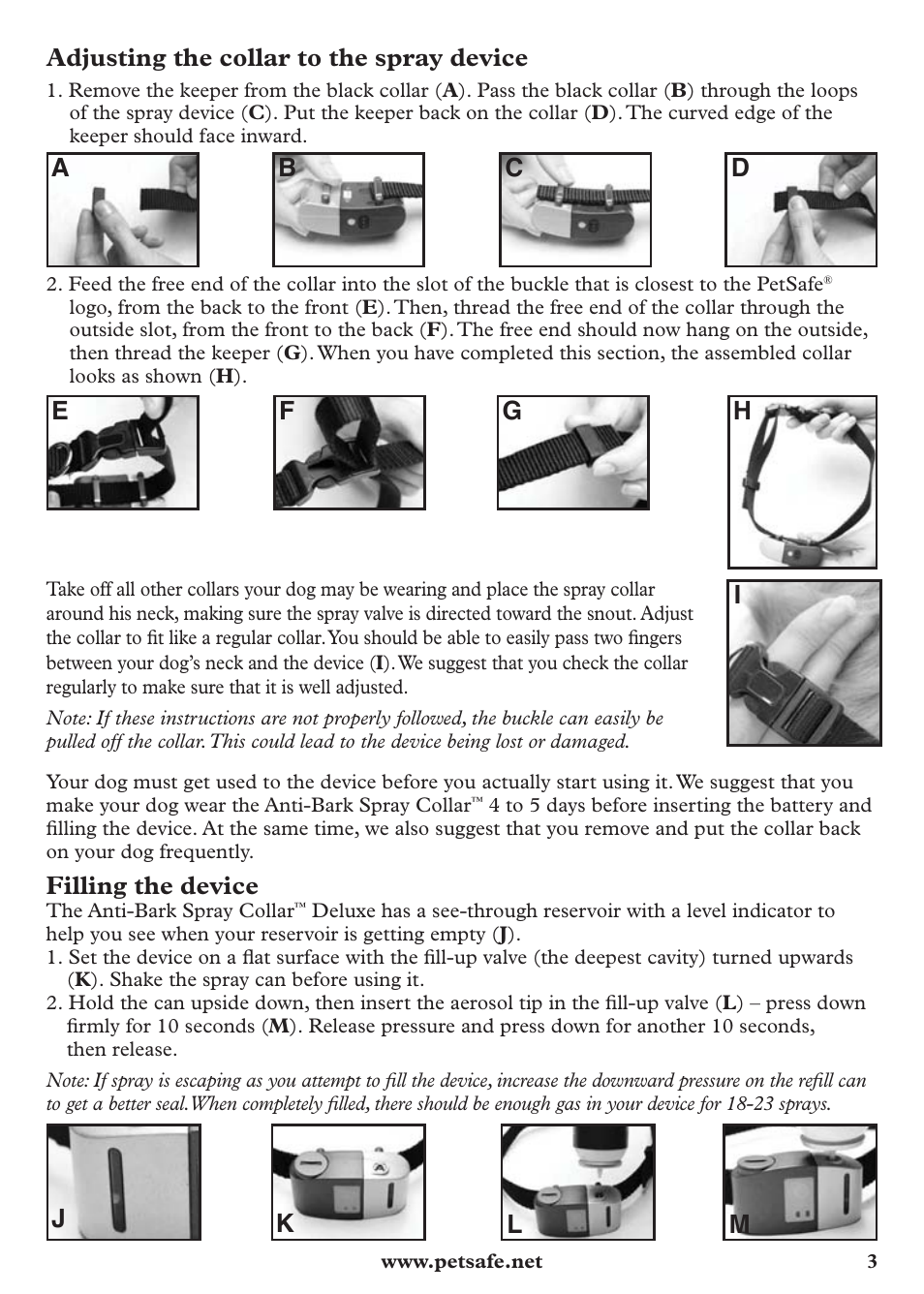 Adjusting the collar to the spray device, Ab c d, Ef g h | Filling the device, Jk l m | Petsafe Anti-Bark Spray Collar User Manual | Page 3 / 44