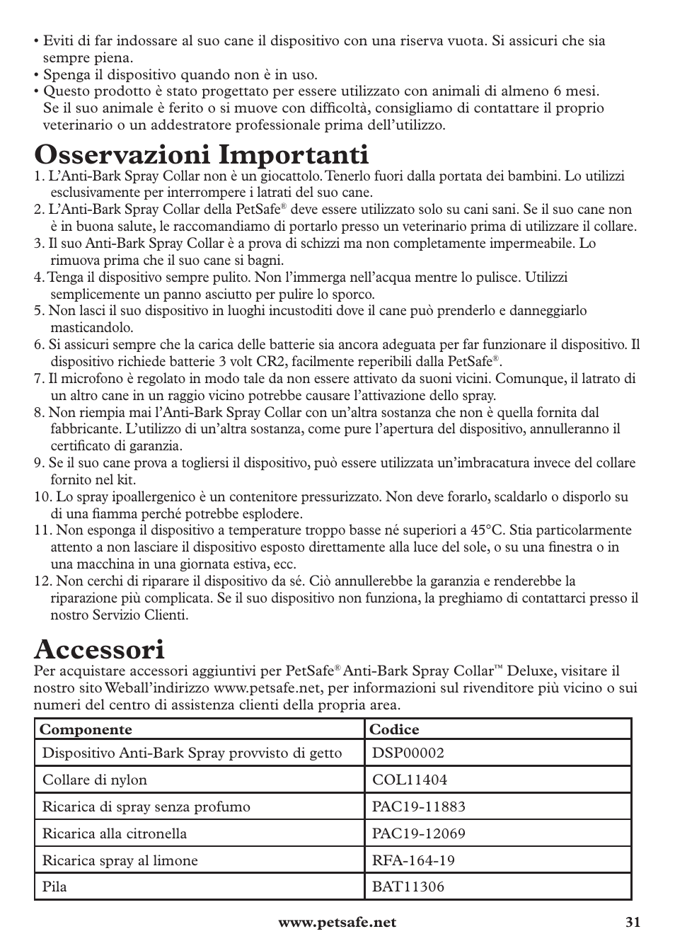 Osservazioni importanti, Accessori | Petsafe Anti-Bark Spray Collar User Manual | Page 31 / 44