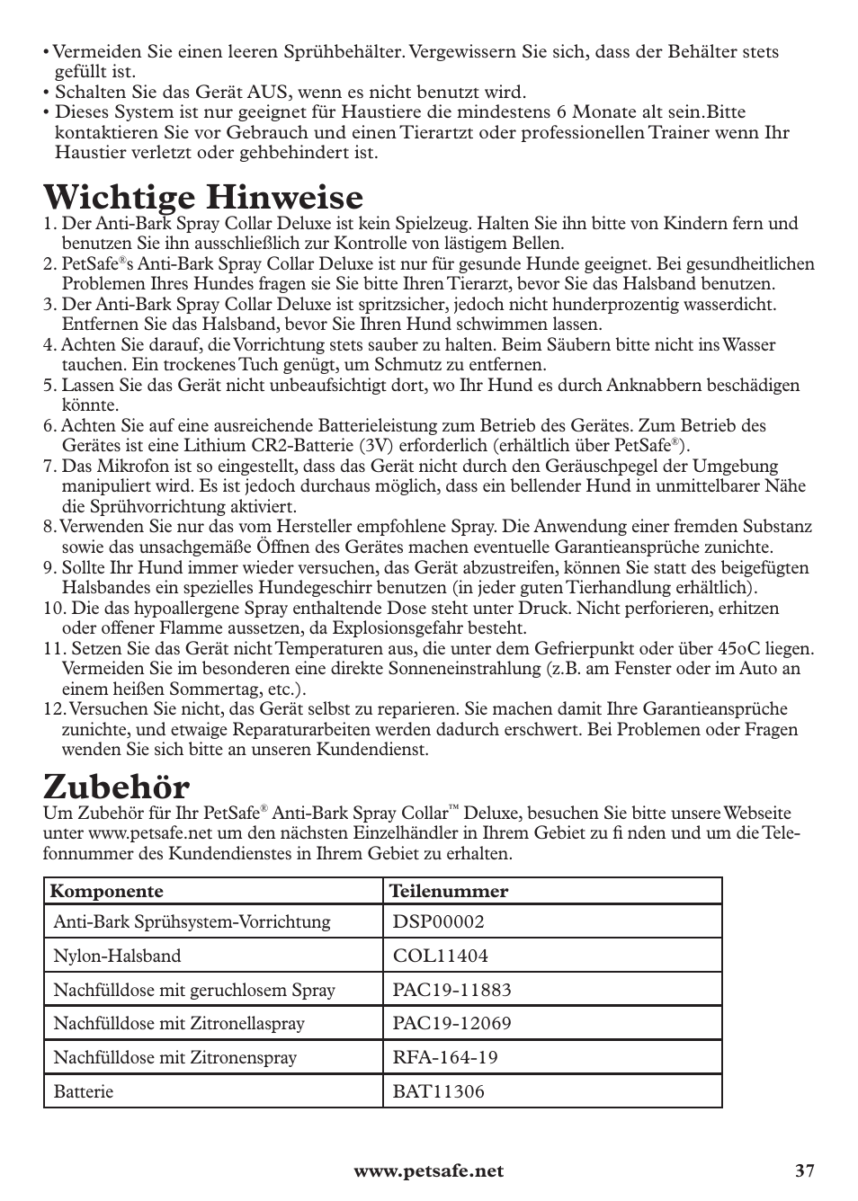 Wichtige hinweise, Zubehör | Petsafe Anti-Bark Spray Collar User Manual | Page 37 / 44