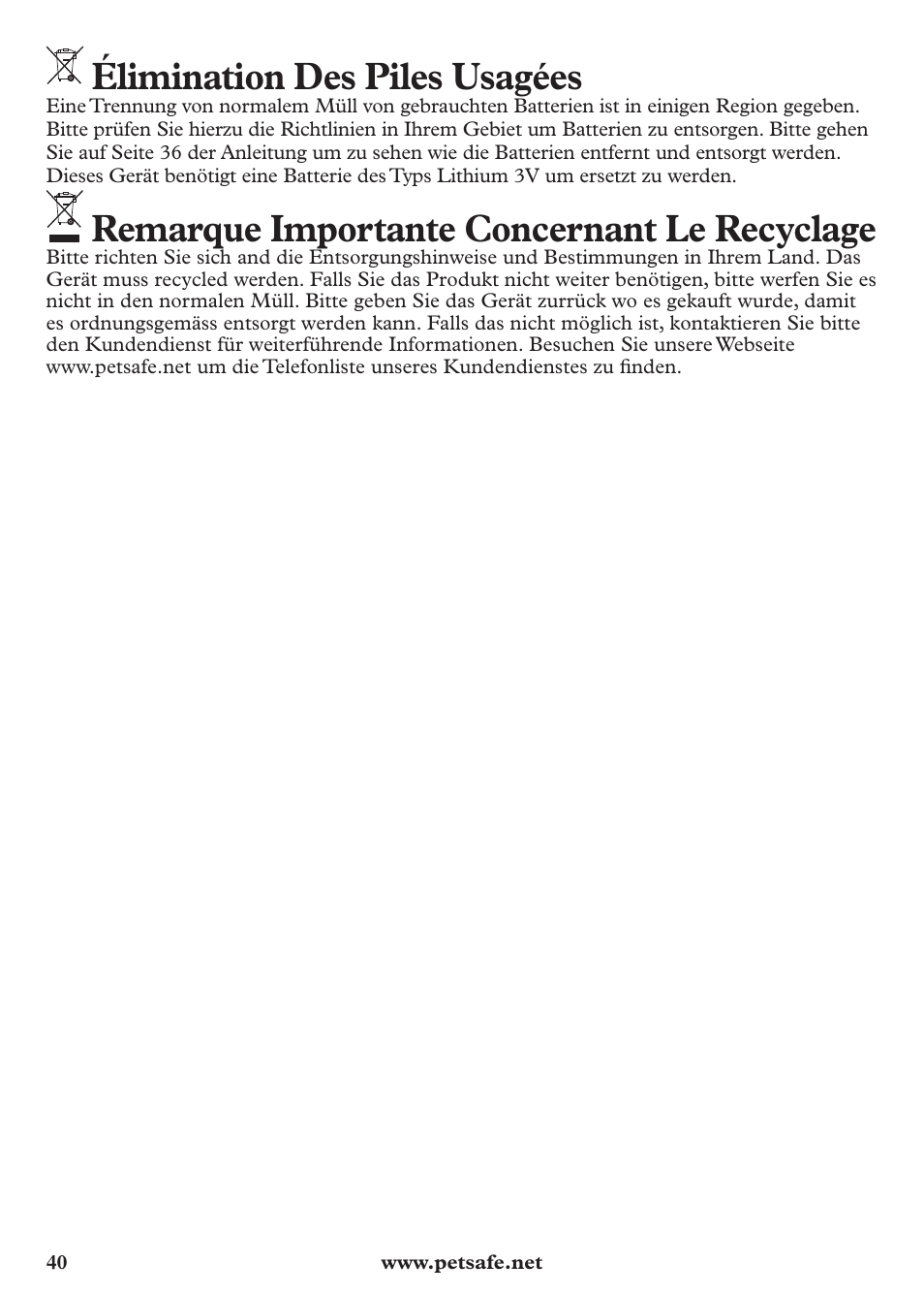 Élimination des piles usagées, Remarque importante concernant le recyclage | Petsafe Anti-Bark Spray Collar User Manual | Page 40 / 44