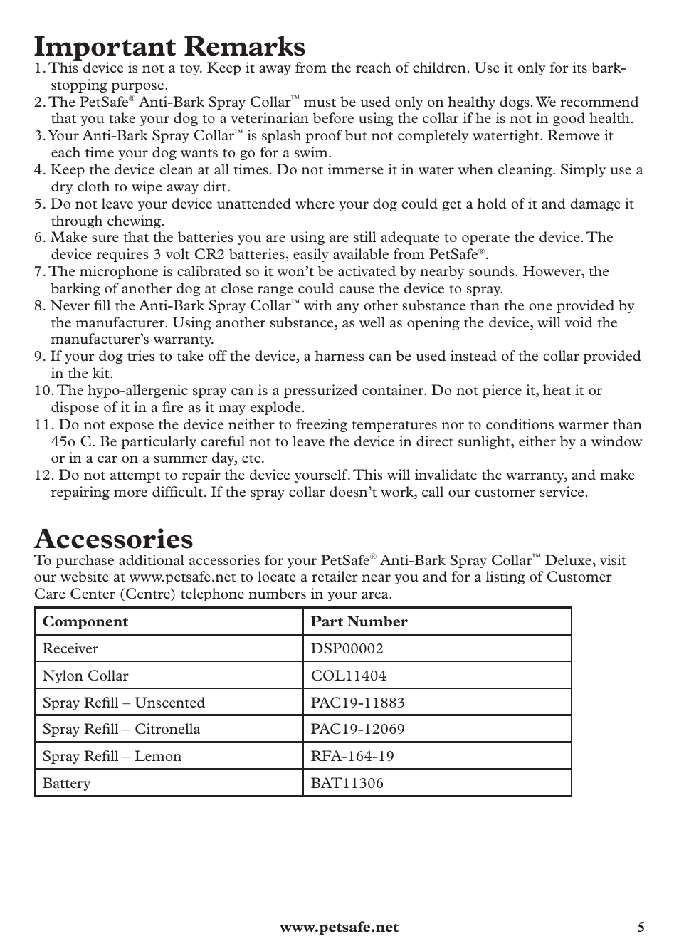 Important remarks, Accessories | Petsafe Anti-Bark Spray Collar User Manual | Page 5 / 44