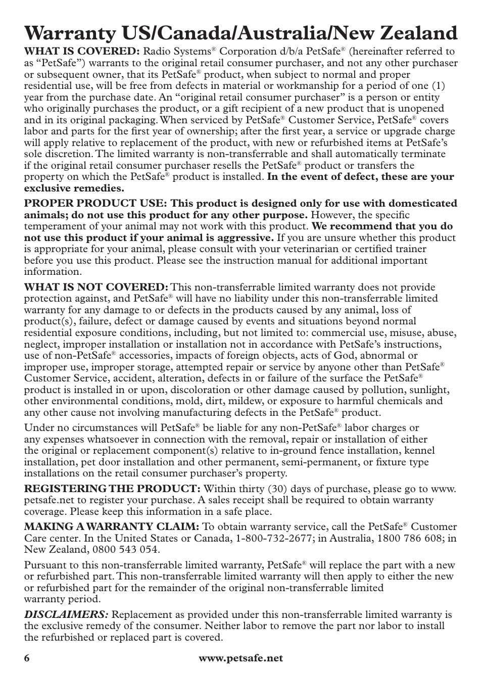 Warranty us/canada/australia/new zealand | Petsafe Anti-Bark Spray Collar User Manual | Page 6 / 44