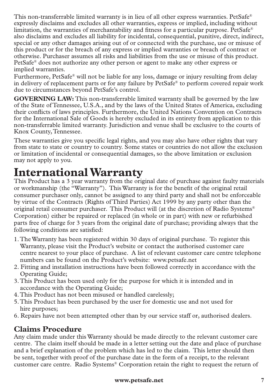 International warranty, Claims procedure | Petsafe Anti-Bark Spray Collar User Manual | Page 7 / 44