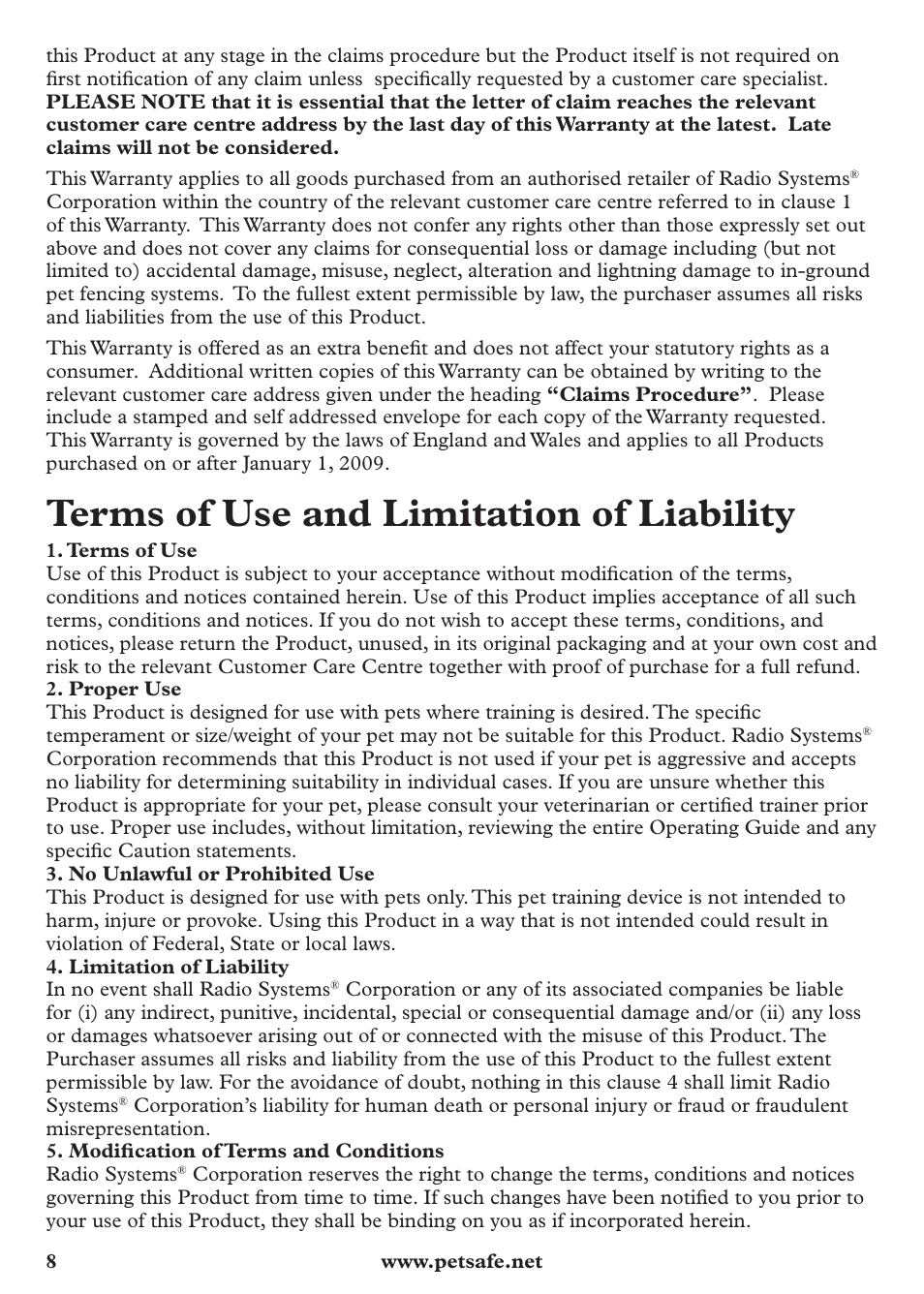 Terms of use and limitation of liability | Petsafe Anti-Bark Spray Collar User Manual | Page 8 / 44