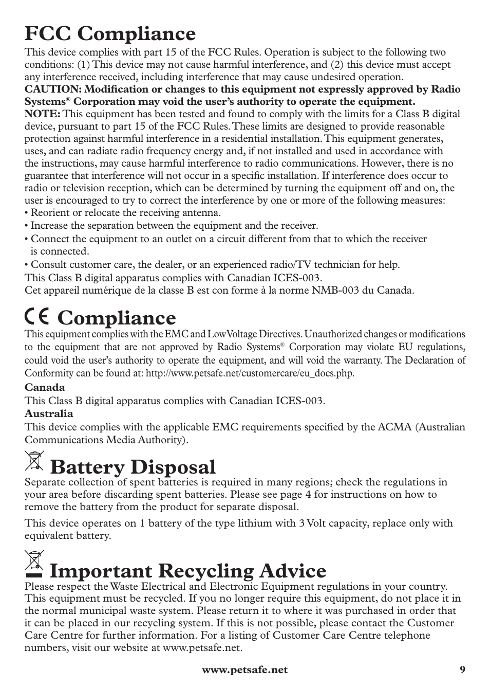 Fcc compliance, Compliance, Battery disposal | Important recycling advice | Petsafe Anti-Bark Spray Collar User Manual | Page 9 / 44