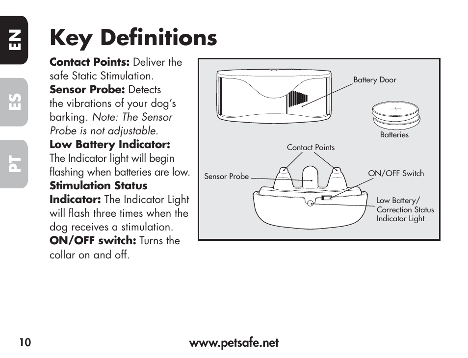 Key definitions, En es pt | Petsafe Barkender Bark Control Collar User Manual | Page 10 / 72