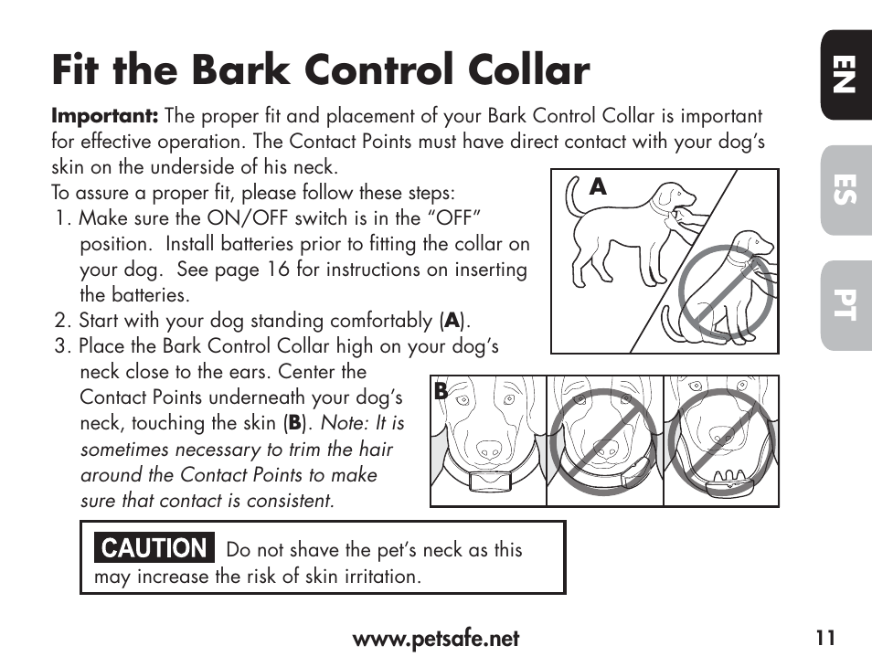 Fit the bark control collar, En es pt | Petsafe Barkender Bark Control Collar User Manual | Page 11 / 72