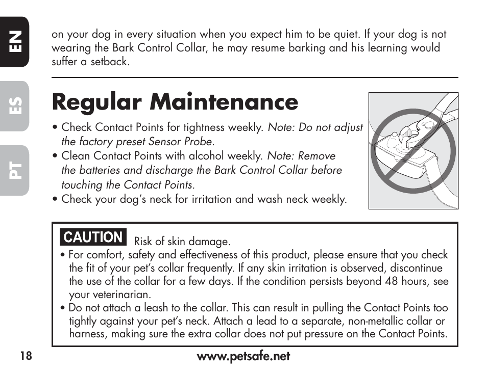 Regular maintenance, En es pt | Petsafe Barkender Bark Control Collar User Manual | Page 18 / 72
