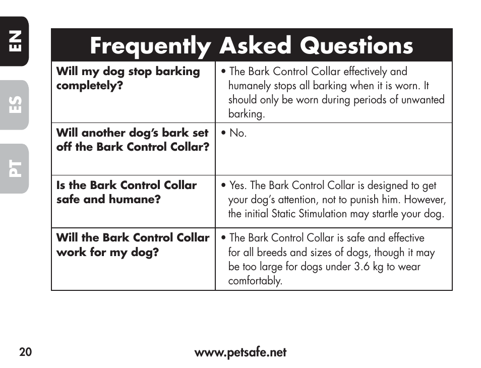 Frequently asked questions, En es pt | Petsafe Barkender Bark Control Collar User Manual | Page 20 / 72