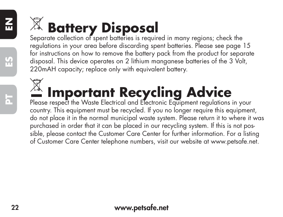 Battery disposal, Important recycling advice, En es pt | Petsafe Barkender Bark Control Collar User Manual | Page 22 / 72