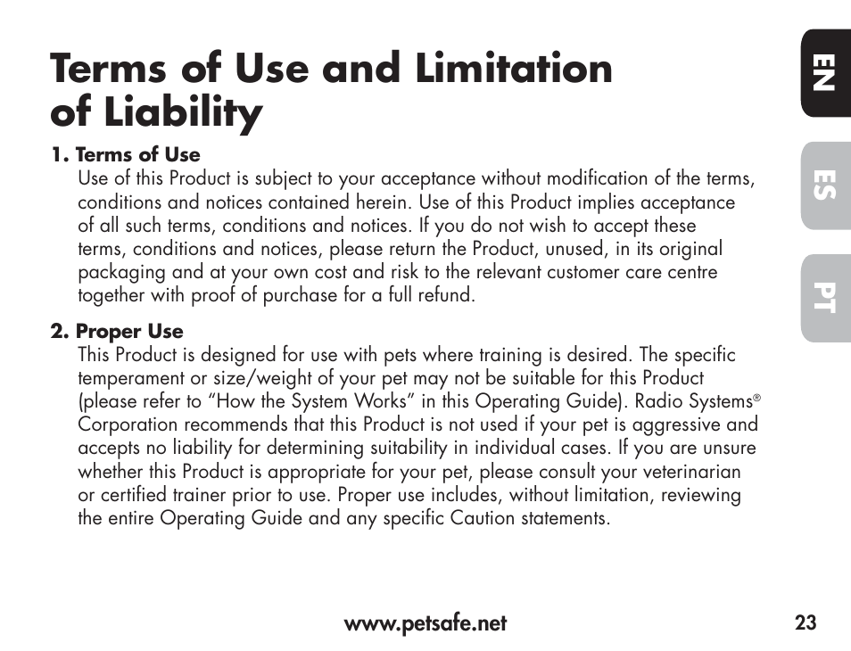 Terms of use and limitation of liability, En es pt | Petsafe Barkender Bark Control Collar User Manual | Page 23 / 72