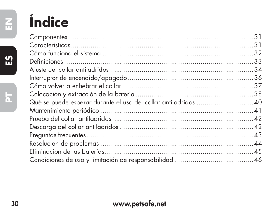 Índice, En es pt | Petsafe Barkender Bark Control Collar User Manual | Page 30 / 72