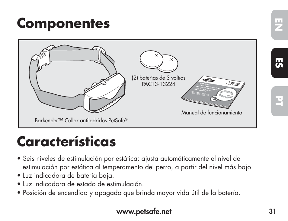 Componentes características, En es pt | Petsafe Barkender Bark Control Collar User Manual | Page 31 / 72