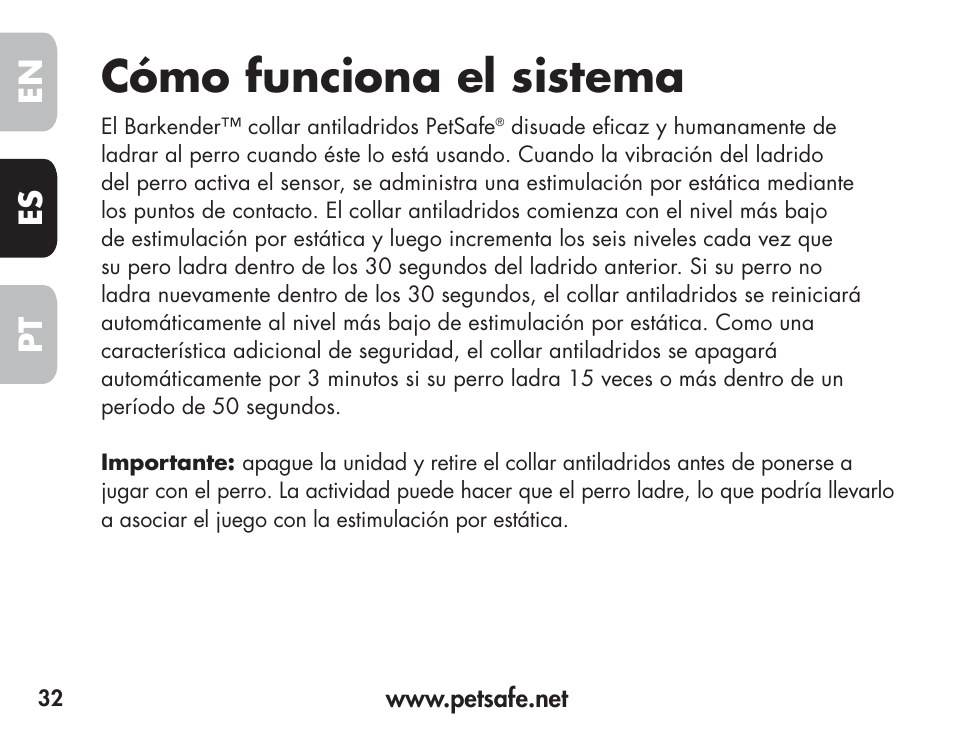 Cómo funciona el sistema, En es pt | Petsafe Barkender Bark Control Collar User Manual | Page 32 / 72